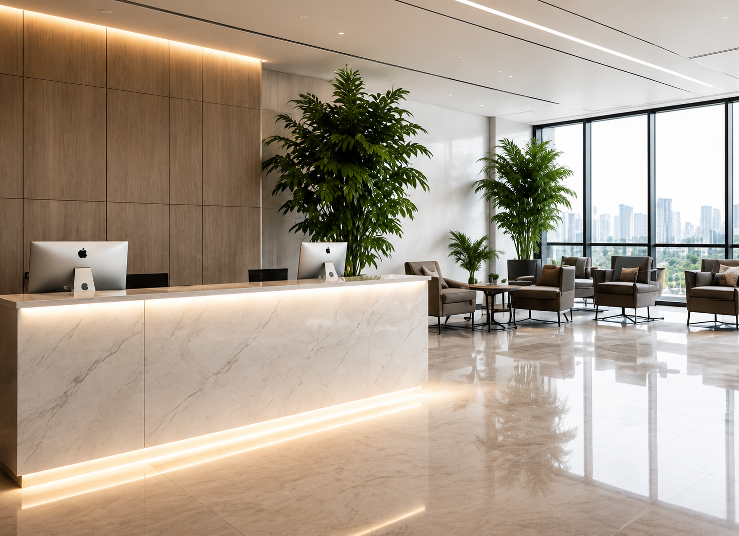 Bright modern reception lobby with marble desk professionally maintained by SC Commercial Concepts