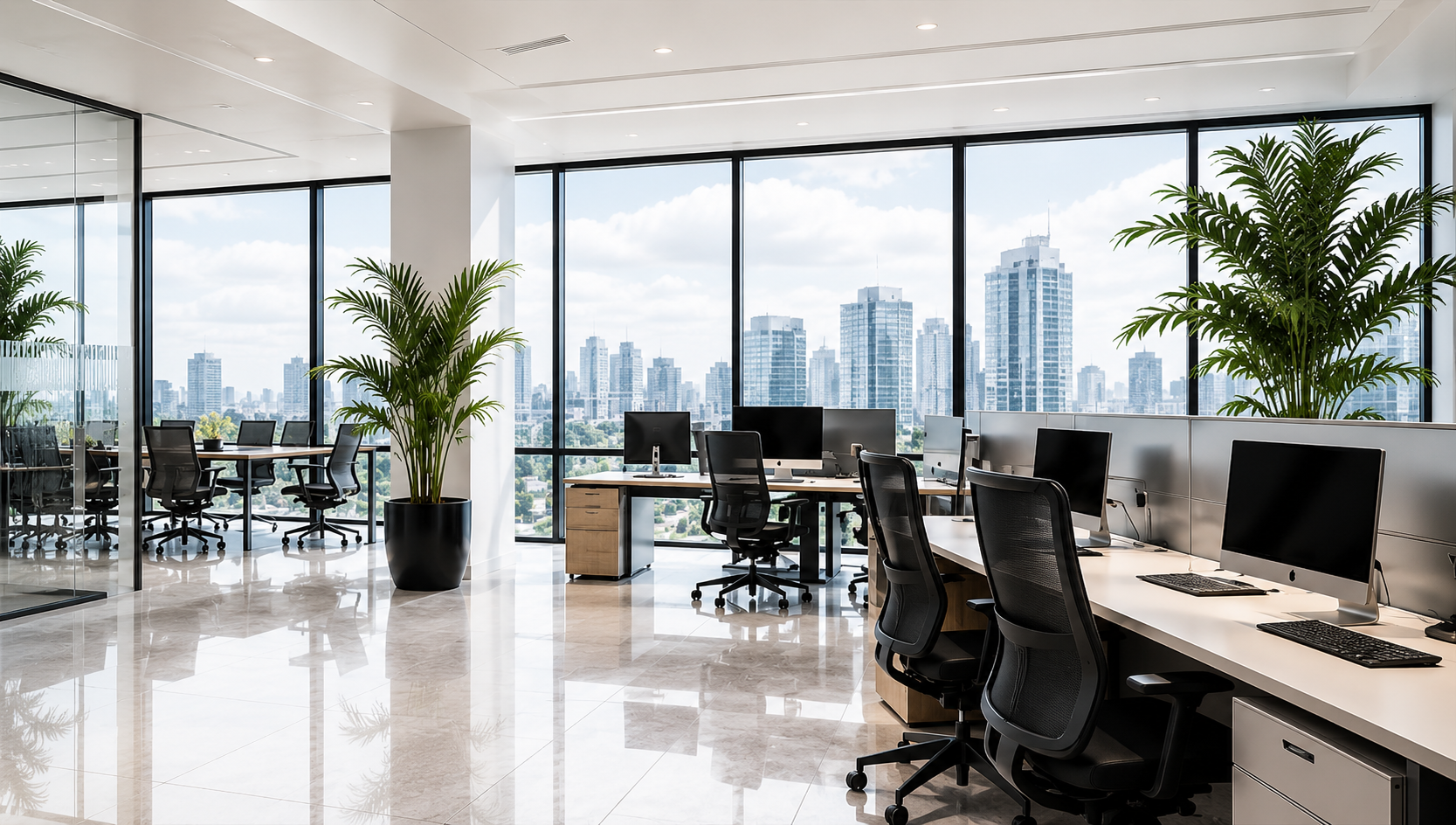 Modern commercial office space with city skyline view, professionally cleaned by SC Commercial Concepts
